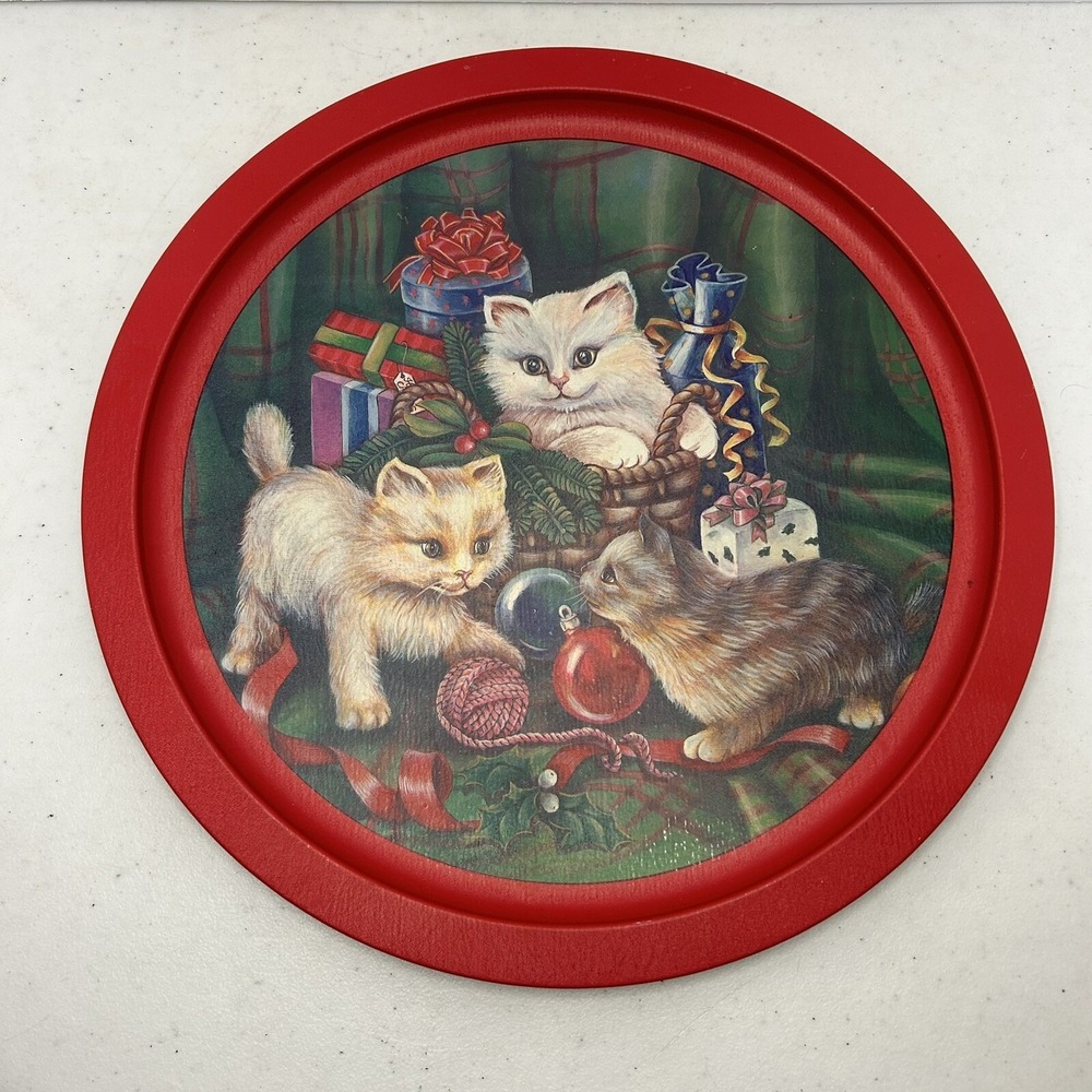 Vintage Style Round‎ Metal Cat Christmas Tray Graphic Print